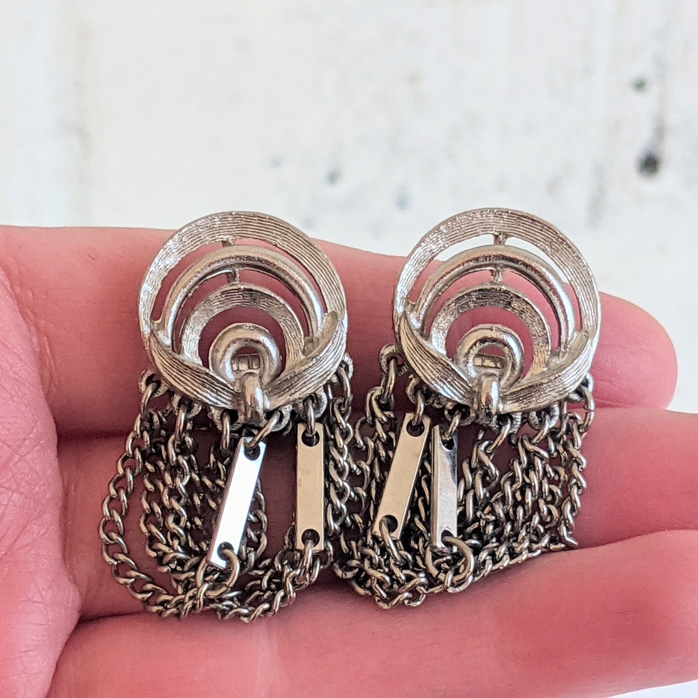 VTG Kramer Silver Tone Modernist Brutalist Tassel Chain Dangle Earrings